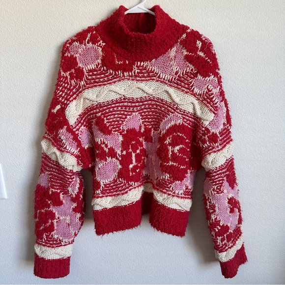 Zara Jacquard fuzzy thick knit red/white/pink warm sweater - Picture 3 of 6